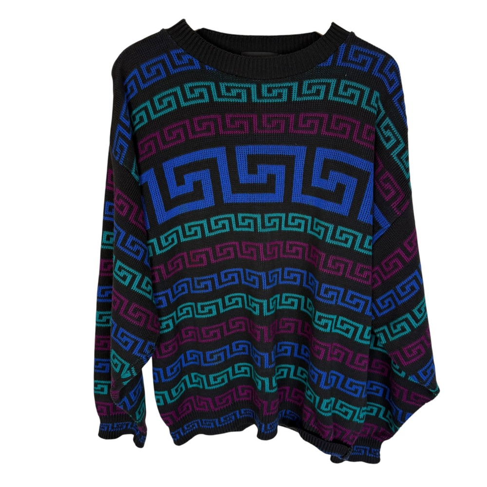 Tony Lambert Vintage Mens XL Greek Key Geometric Cotton Knit Sweater Made in USA - Picture 2 of 7